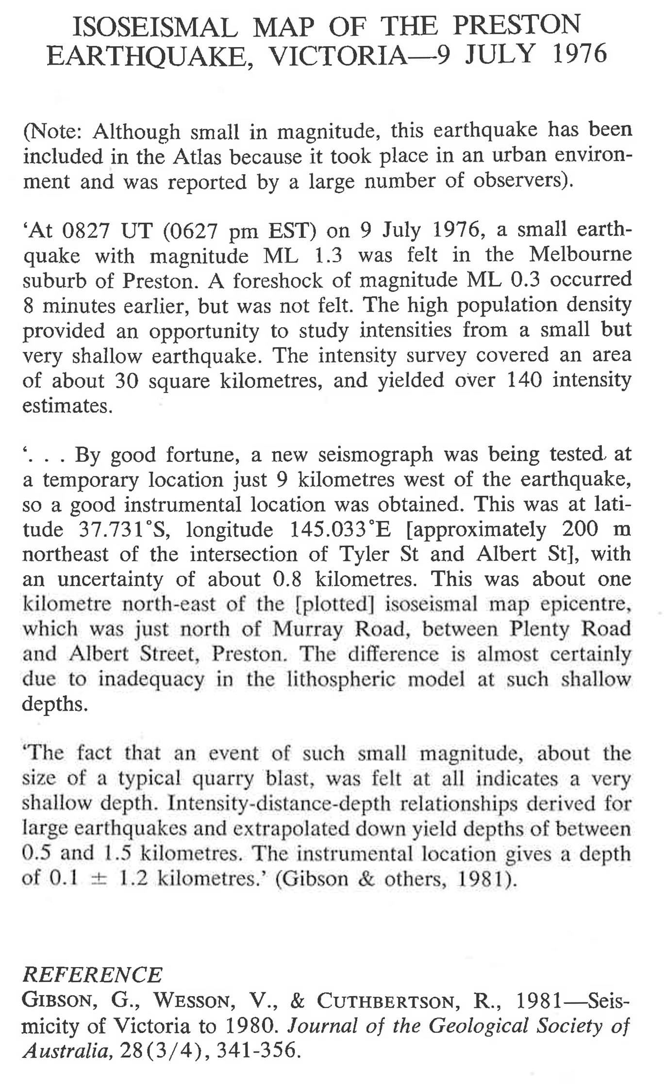 The 1976 Preston Earthquake