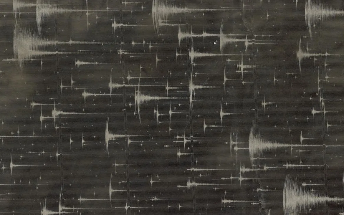 A seismograph drum record, its paper dense with recorded events