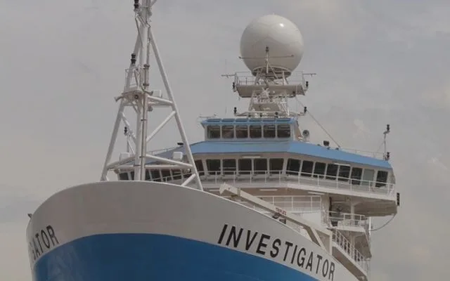 The research vessel Investigator in dry dock, its weather radome above the bridge